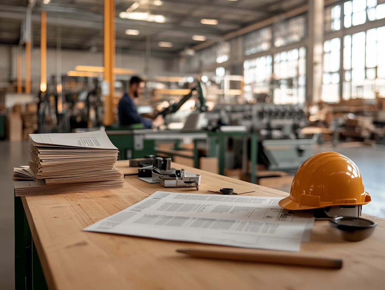 Hard hat sitting on a table in a factory with papers next to it