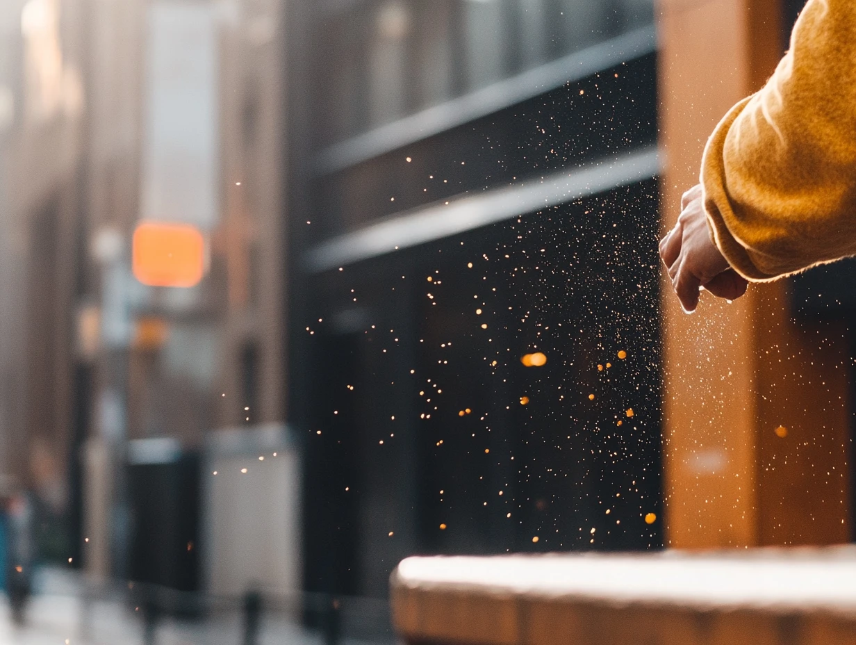 Light sparks surrounding a person’s hand as they walk down the street, illustrating technology’s presence around us