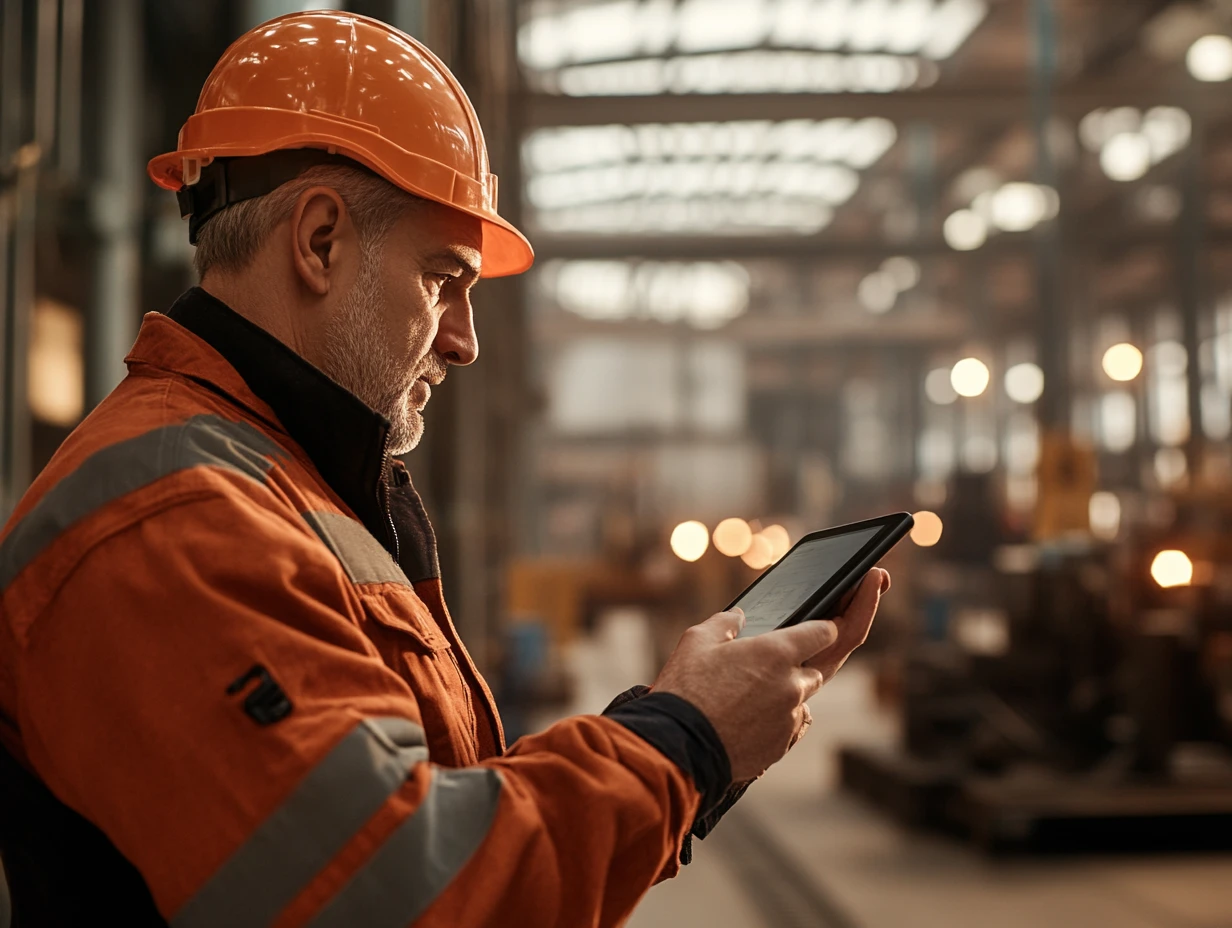 Man working in factory wearing hard hat looking at tablet