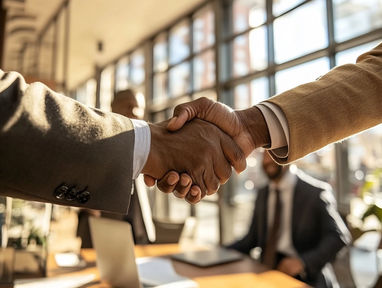 People shaking hands in office setting