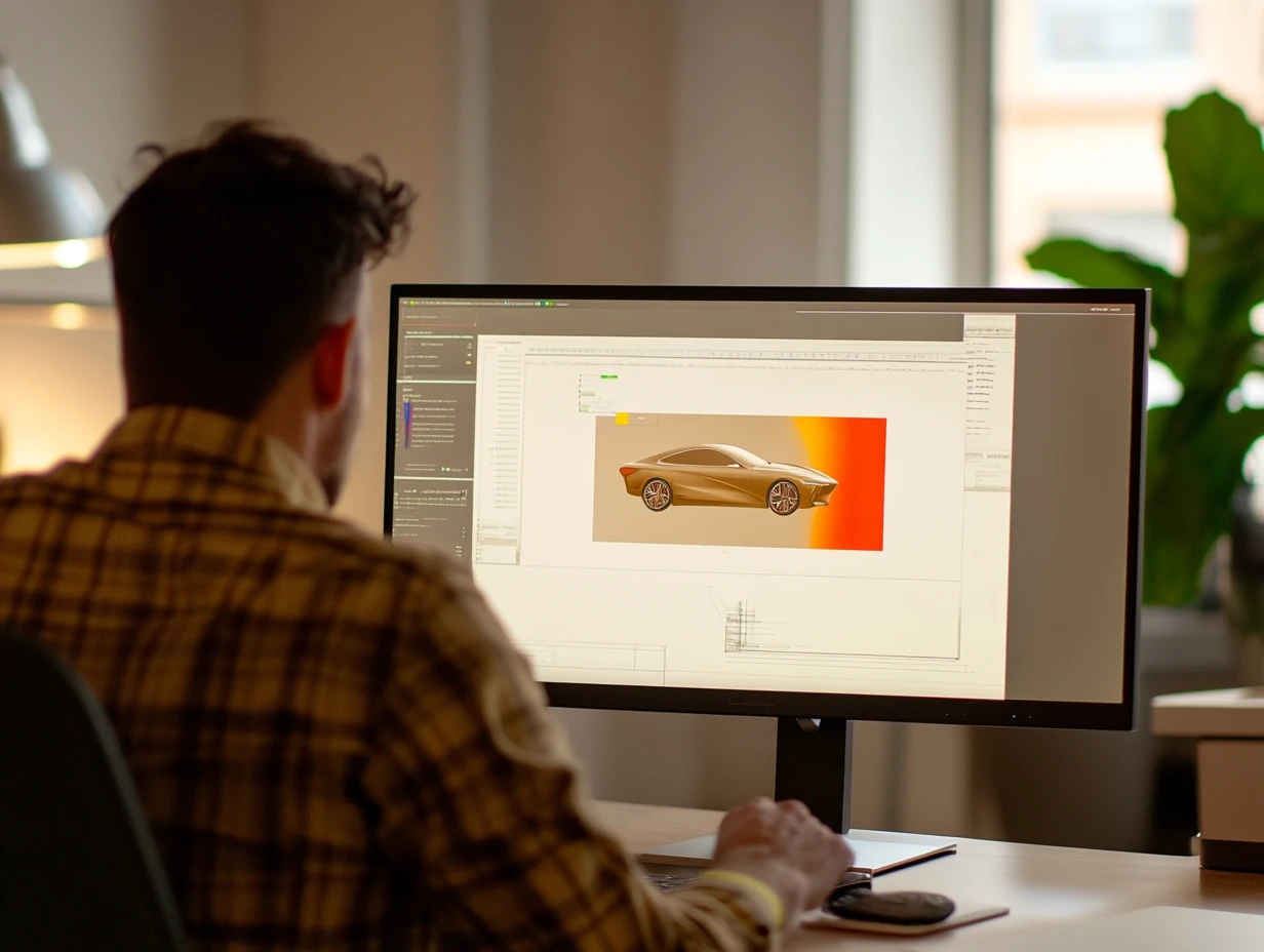 Man sitting at a desk, reviewing car designs
