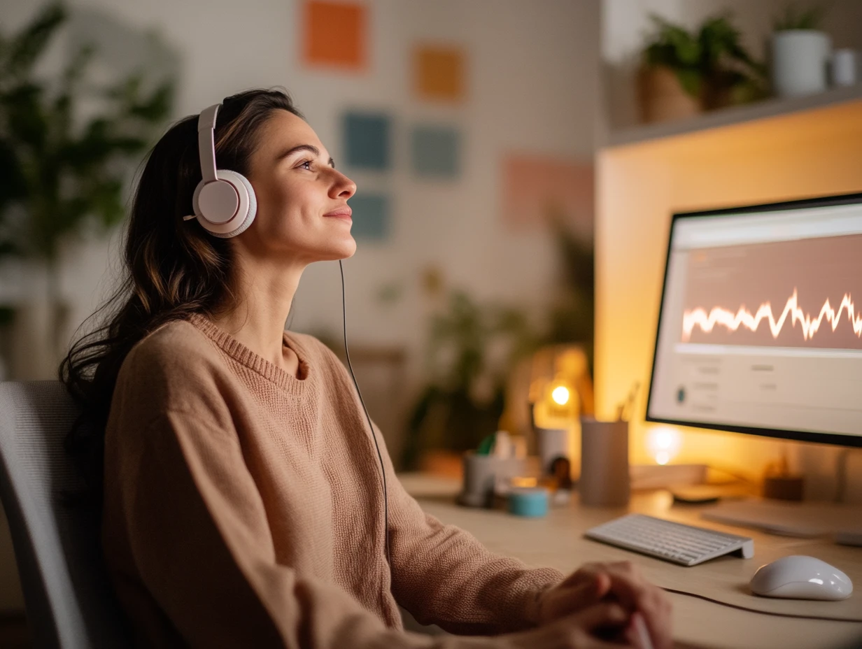 Woman wearing headphones at desk with audio waveform on screen