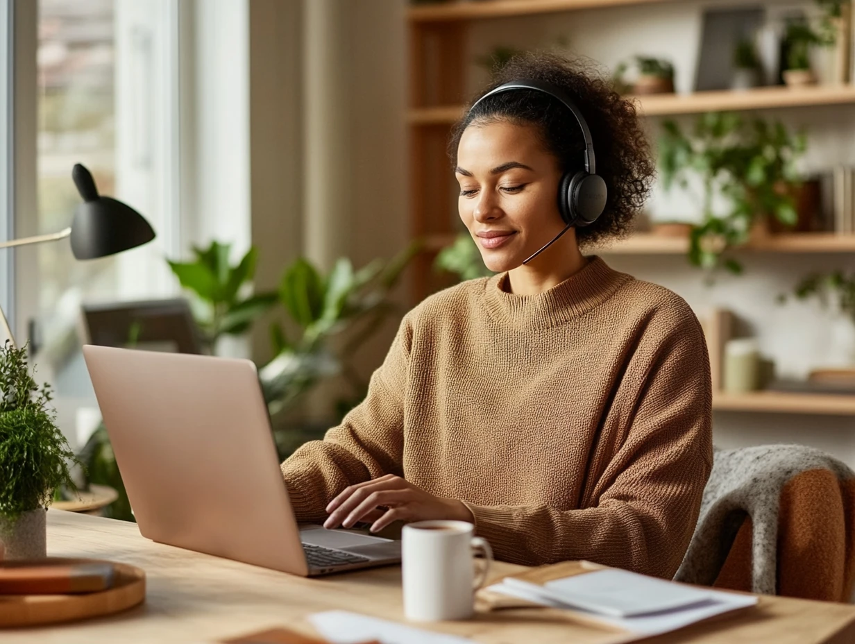 Woman wearing headphones sitting at a desk, working on her computer