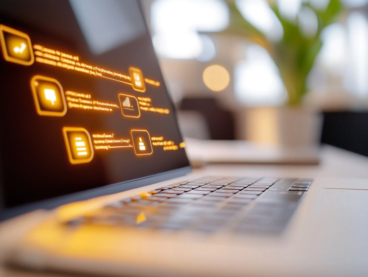 Glowing orange interface on laptop screen showcasing language flow