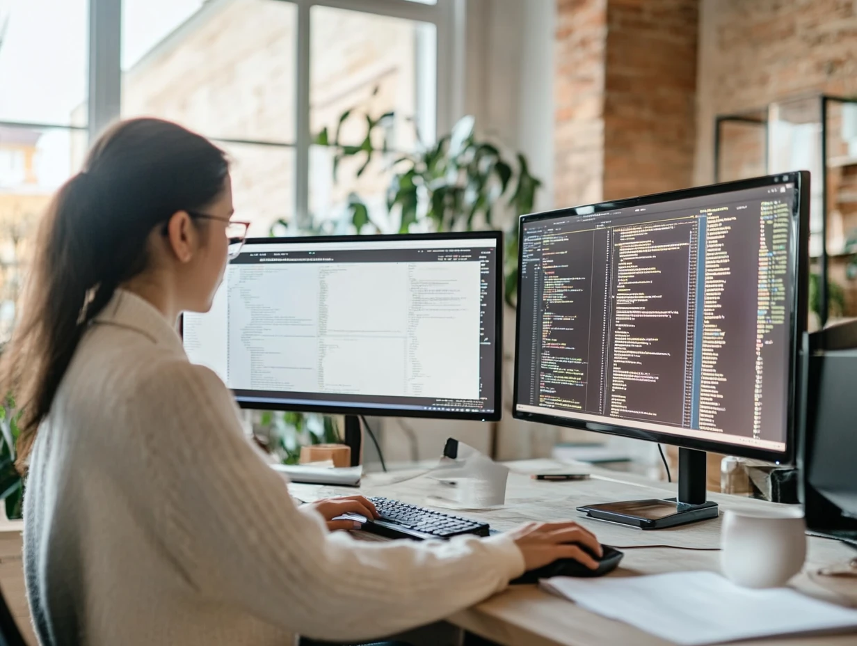 Woman developer working at her two computer screens with code on the screens