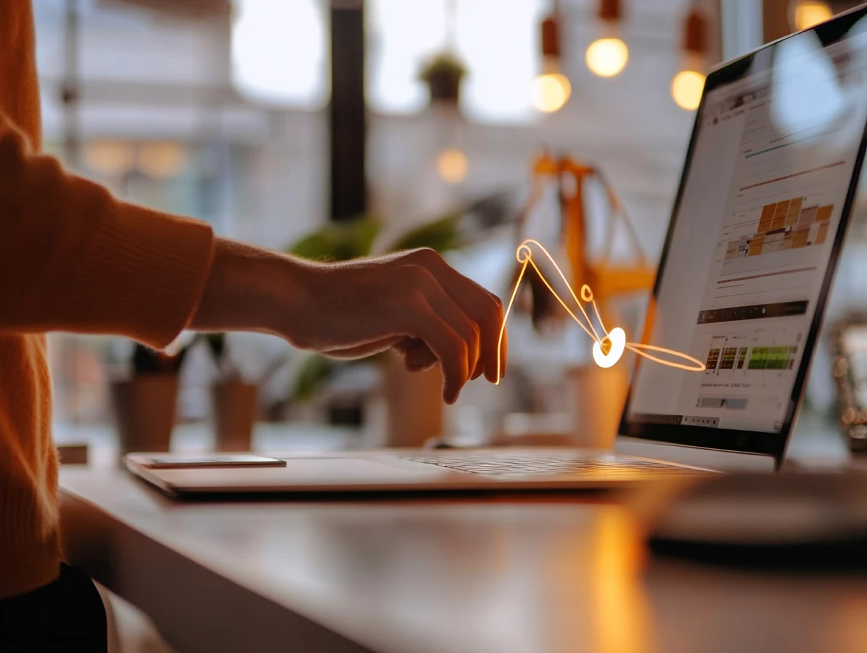 Hand reaching toward a laptop with an orange glow symbolizing technology flow