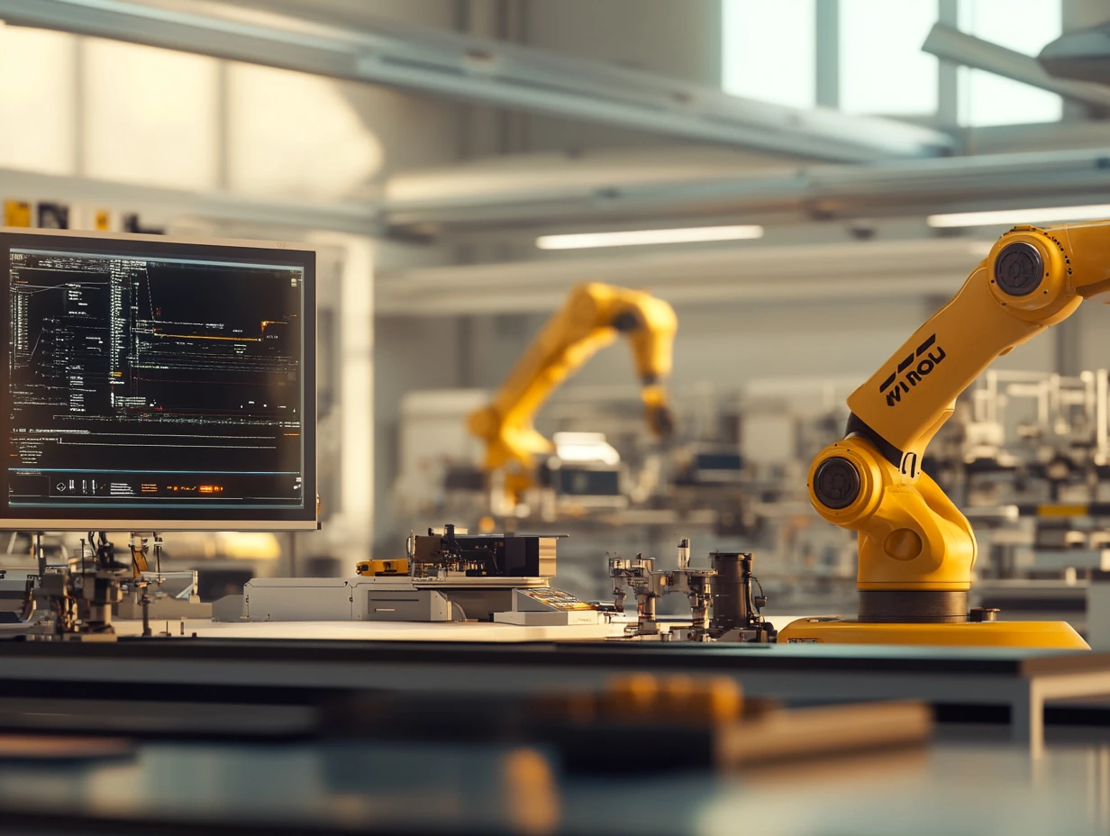 Robot arm working in factory with screen open next to it