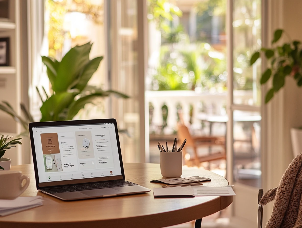 Laptop open on a kitchen table