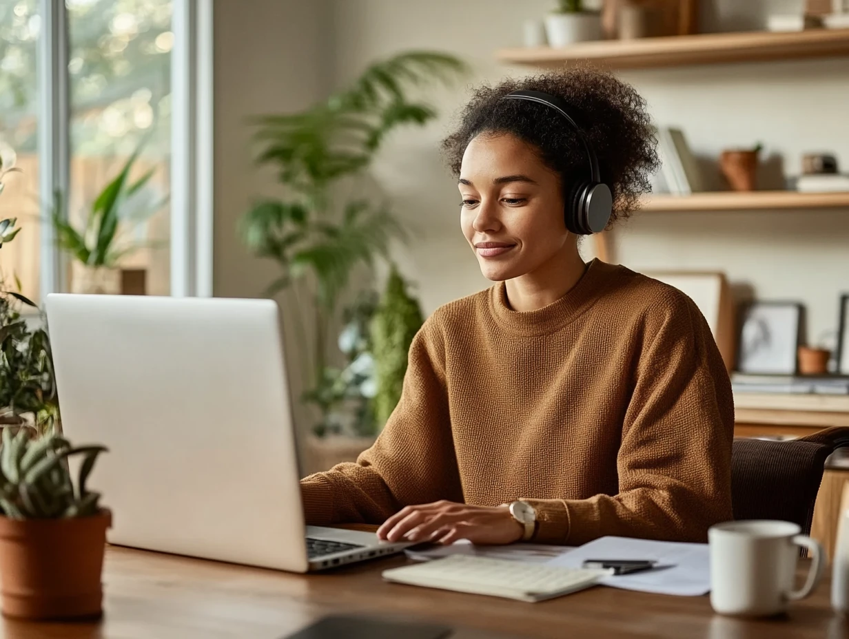 Woman wearing headphones sitting at a desk, working on her computer