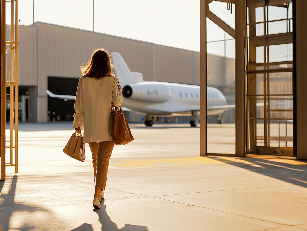 Professional woman walking to private plane