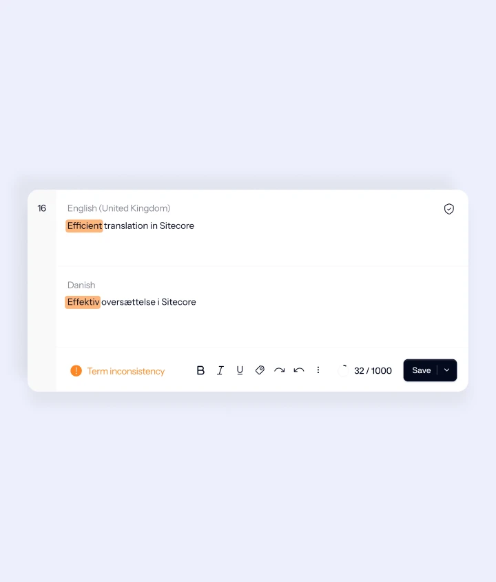 UI showing English-to-Danish translation with an inconsistency in how "efficient" is translated from the term memory