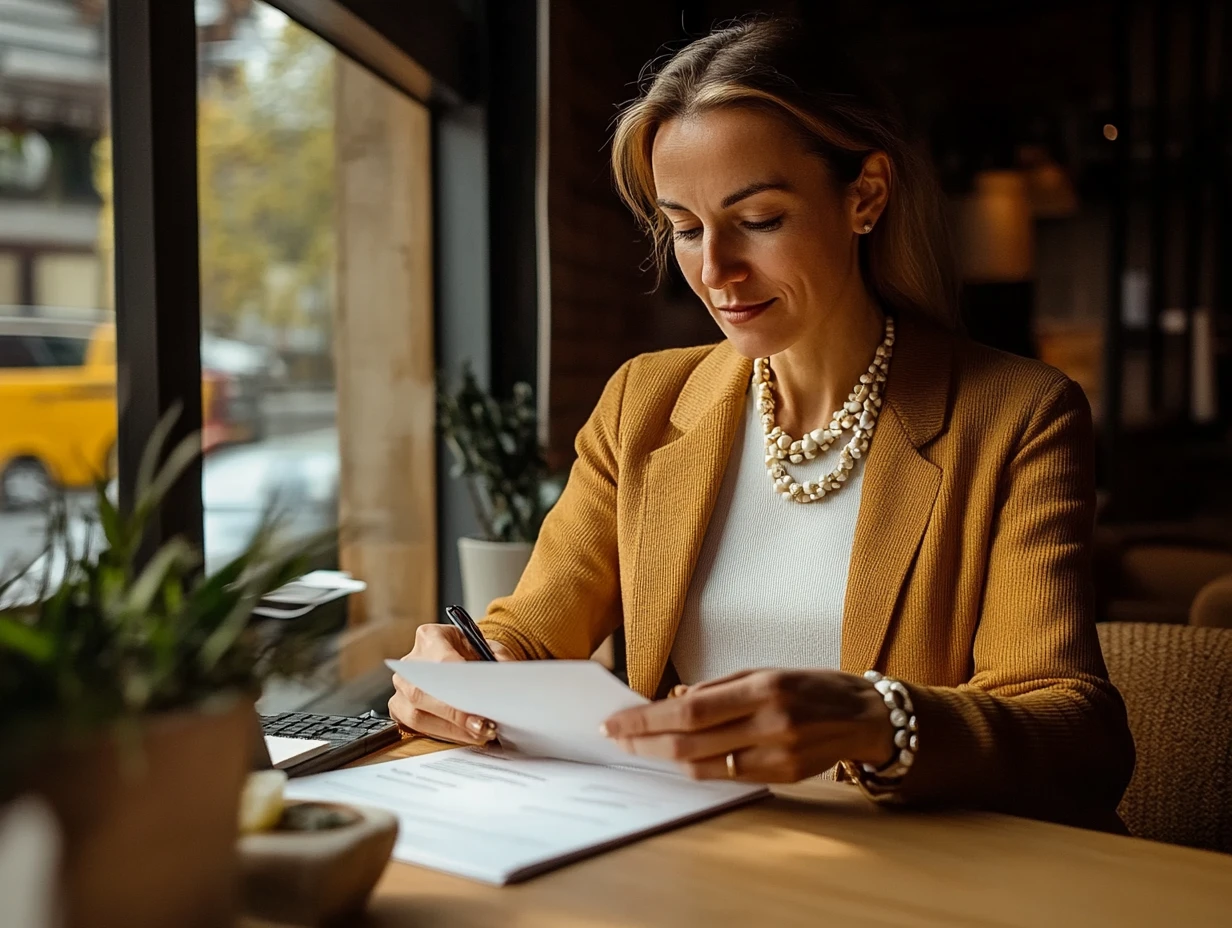 Businesswoman reading papers and writing notes in office setting