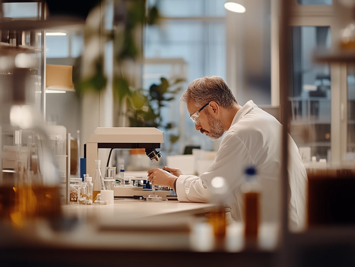 Scientist in lab coat conducting research in laboratory