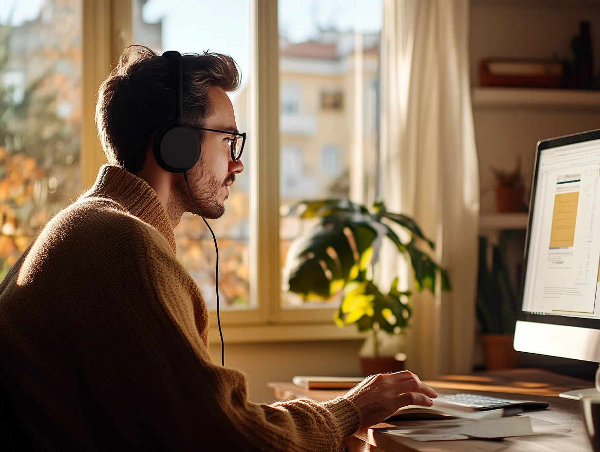 Man wearing headphones sitting at a desk