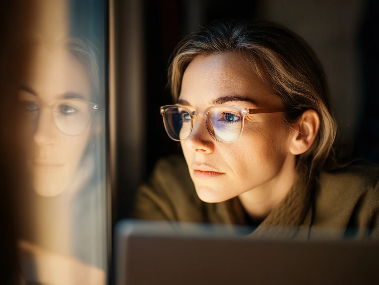 Woman wearing glasses looking at a computer screen