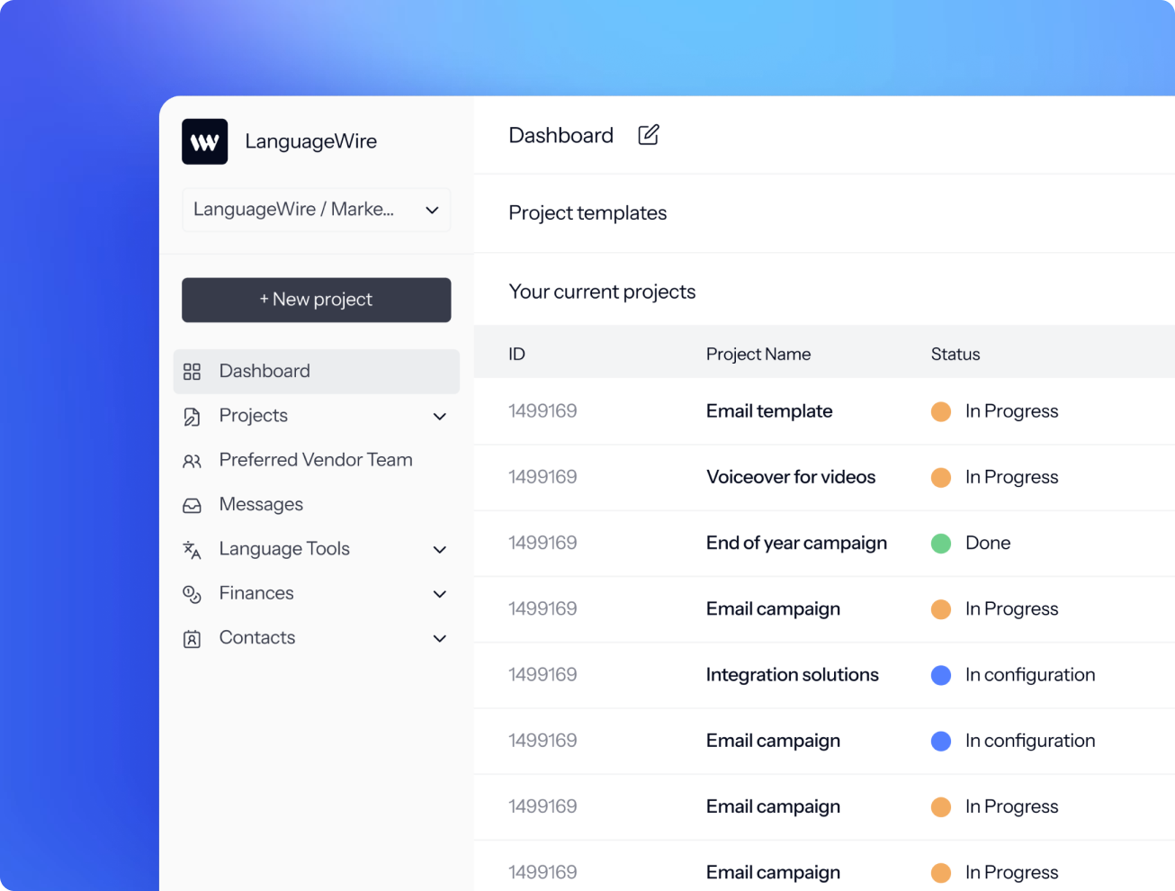 UI of LanguageWire's TMS dashboard showing messages, project overview and templates a blue gradient background