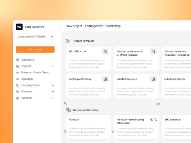 UI of LanguageWire TMS starting a new translation project on an orange gradient background 