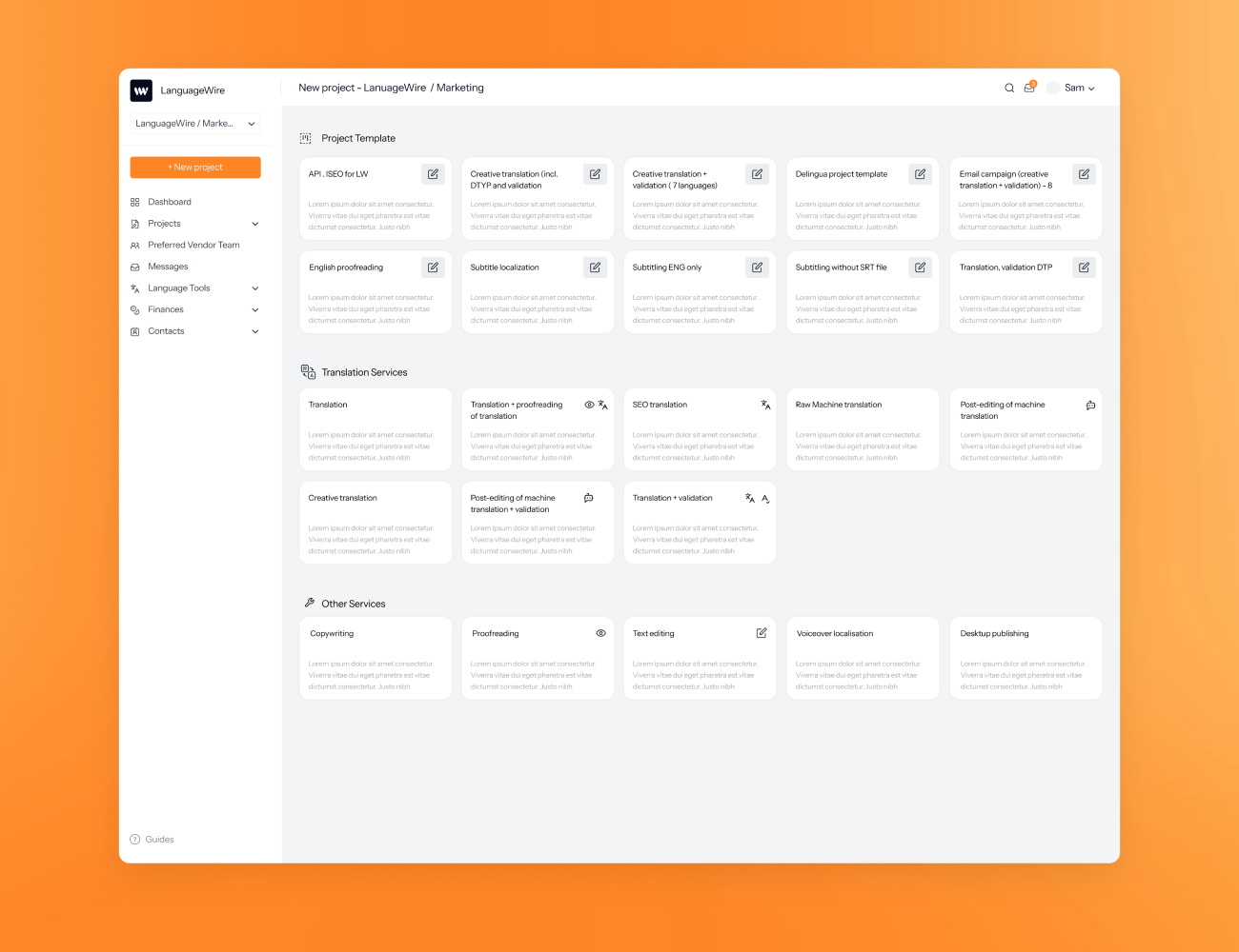 UI of LanguageWire's TMS dashboard when ordering a new project on an orange gradient background