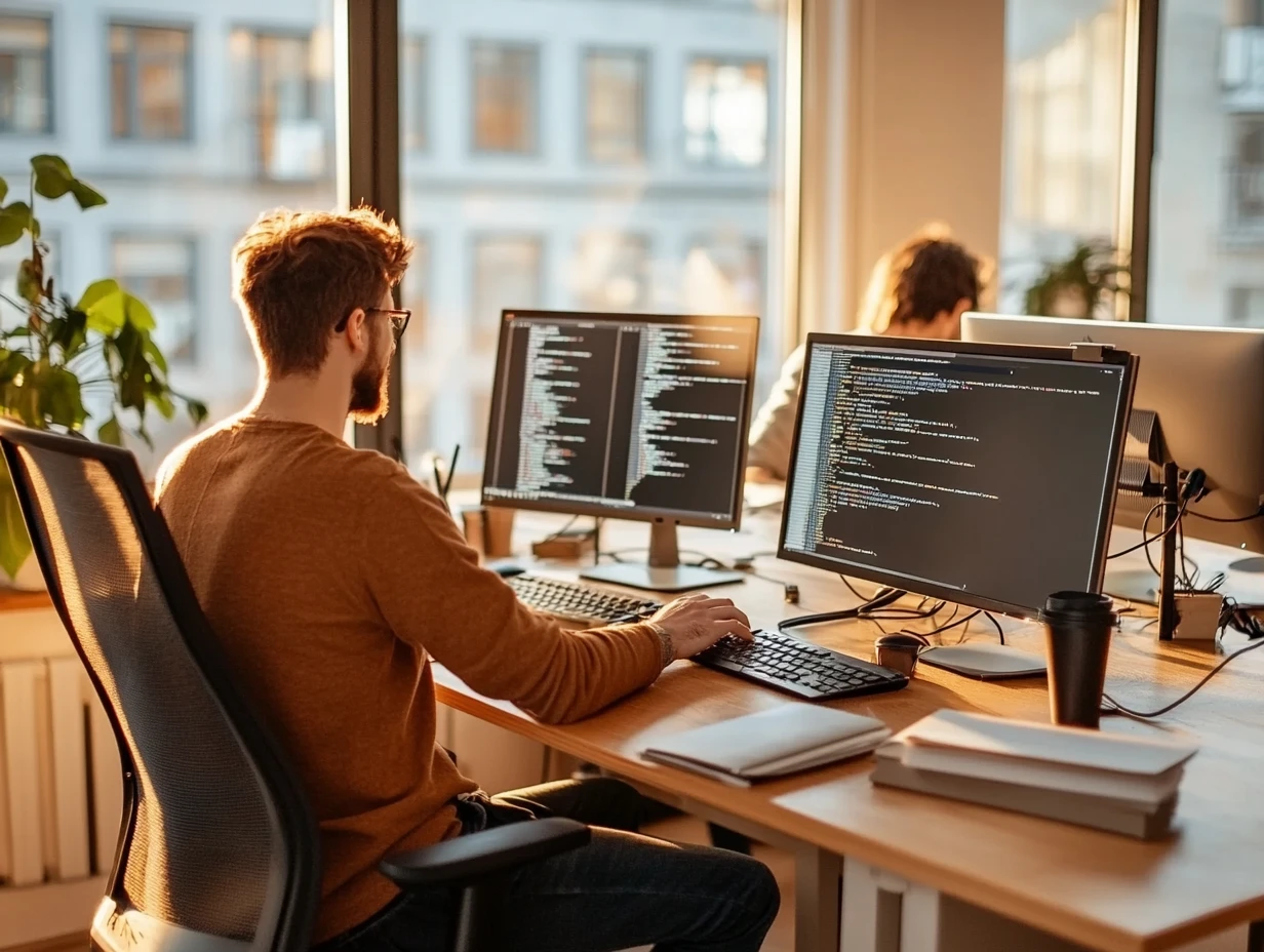 Man sitting at computer looking at two computer screens with text on the screens