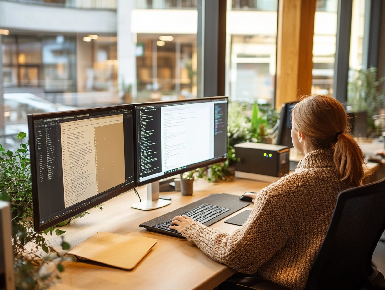 Back of woman sitting at a computer with two screens that have information up on both screens 