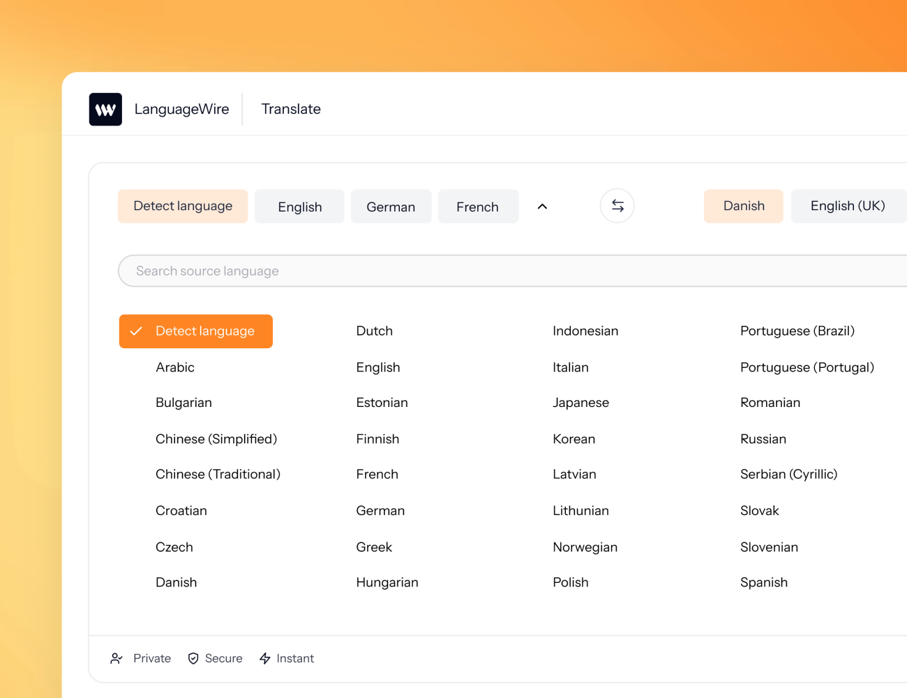 UI of LanguageWire Translate showing language options to translate to or from on an orange gradient background