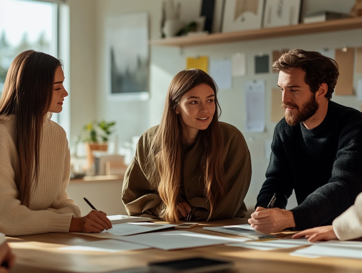 Colleagues in a meeting having a discussion with paper on the table around them