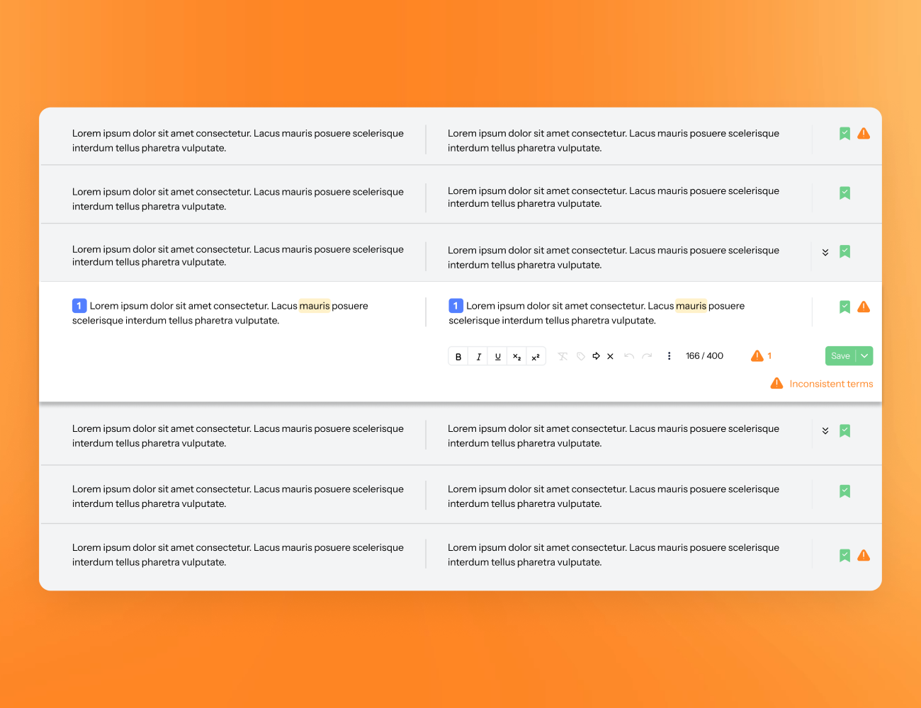 UI of LanguageWire's Smart Editor filled with source text and text for translation on an orange gradient background