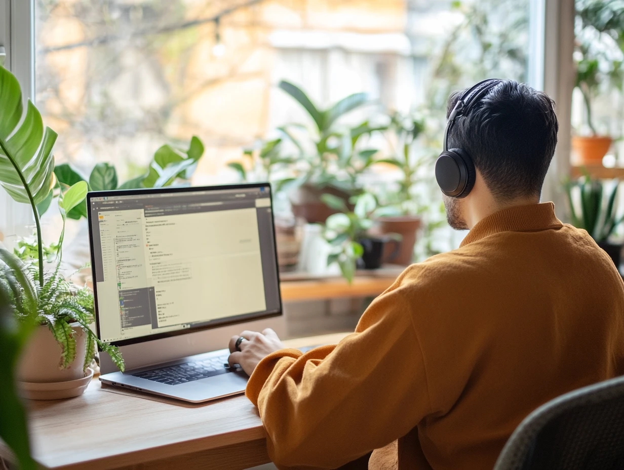 Man wearing headphones sitting at a desk, looking at his screen